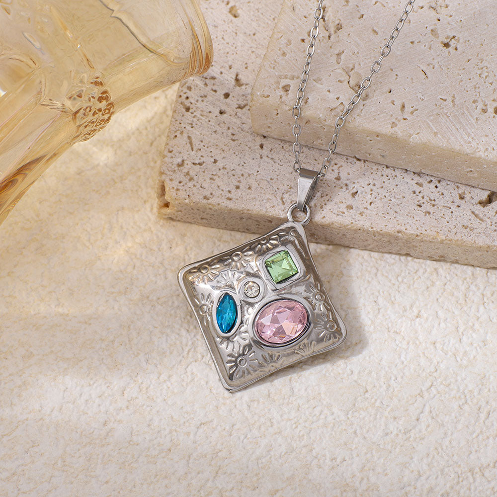 Stainless Steel Heart-shaped Square Pendant Necklace