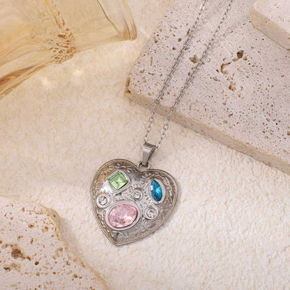 Stainless Steel Heart-shaped Square Pendant Necklace