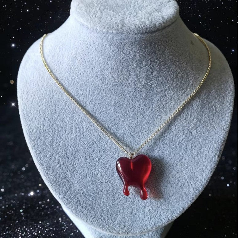 Creative Gothic Black And Red Heart With Dripping Blood Pendant Necklace