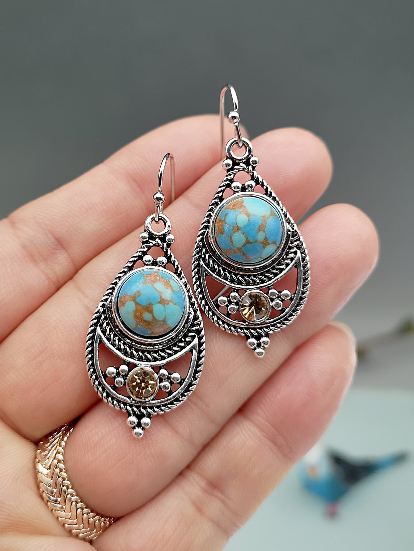Retro Thai Silver Dragon Crystal Turquoise Earrings