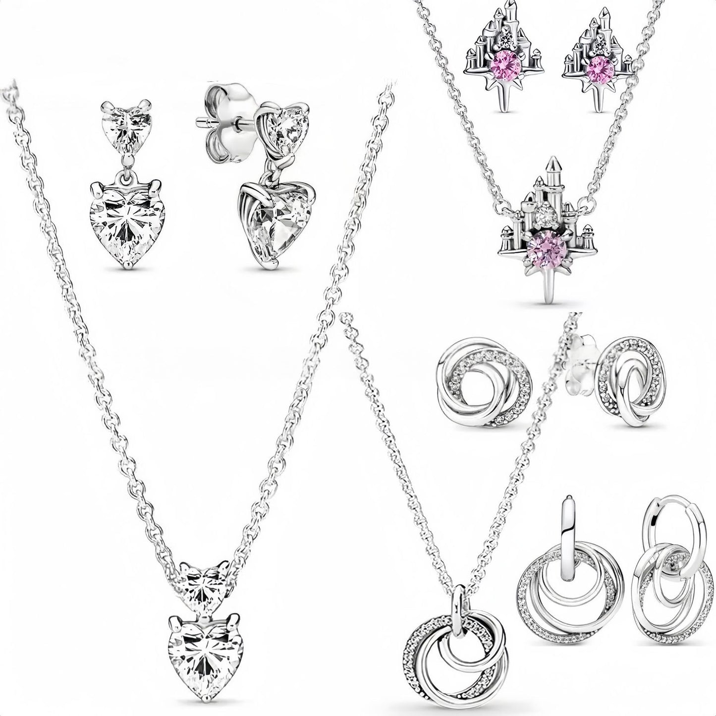 Heart-Shaped Castle Eternal Pendant Sparkling Round Halo Necklace And Earrings