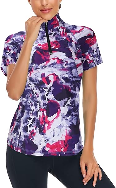 Syphiby Gym Top Women Short Sleeve Polo Shirts 1/4 Zip Up Moisture