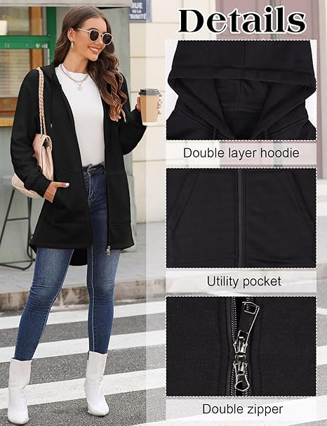 Tuopuda Womens Long Hoodies Zip Up Plain Hoodie Long Sleeves Ladies Fleece