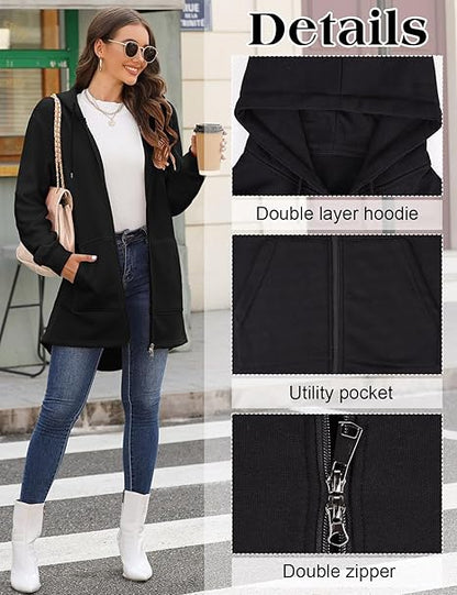 Tuopuda Womens Long Hoodies Zip Up Plain Hoodie Long Sleeves Ladies Fleece