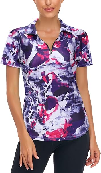 Syphiby Gym Top Women Short Sleeve Polo Shirts 1/4 Zip Up Moisture