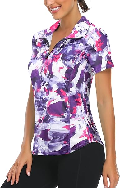 Syphiby Gym Top Women Short Sleeve Polo Shirts 1/4 Zip Up Moisture
