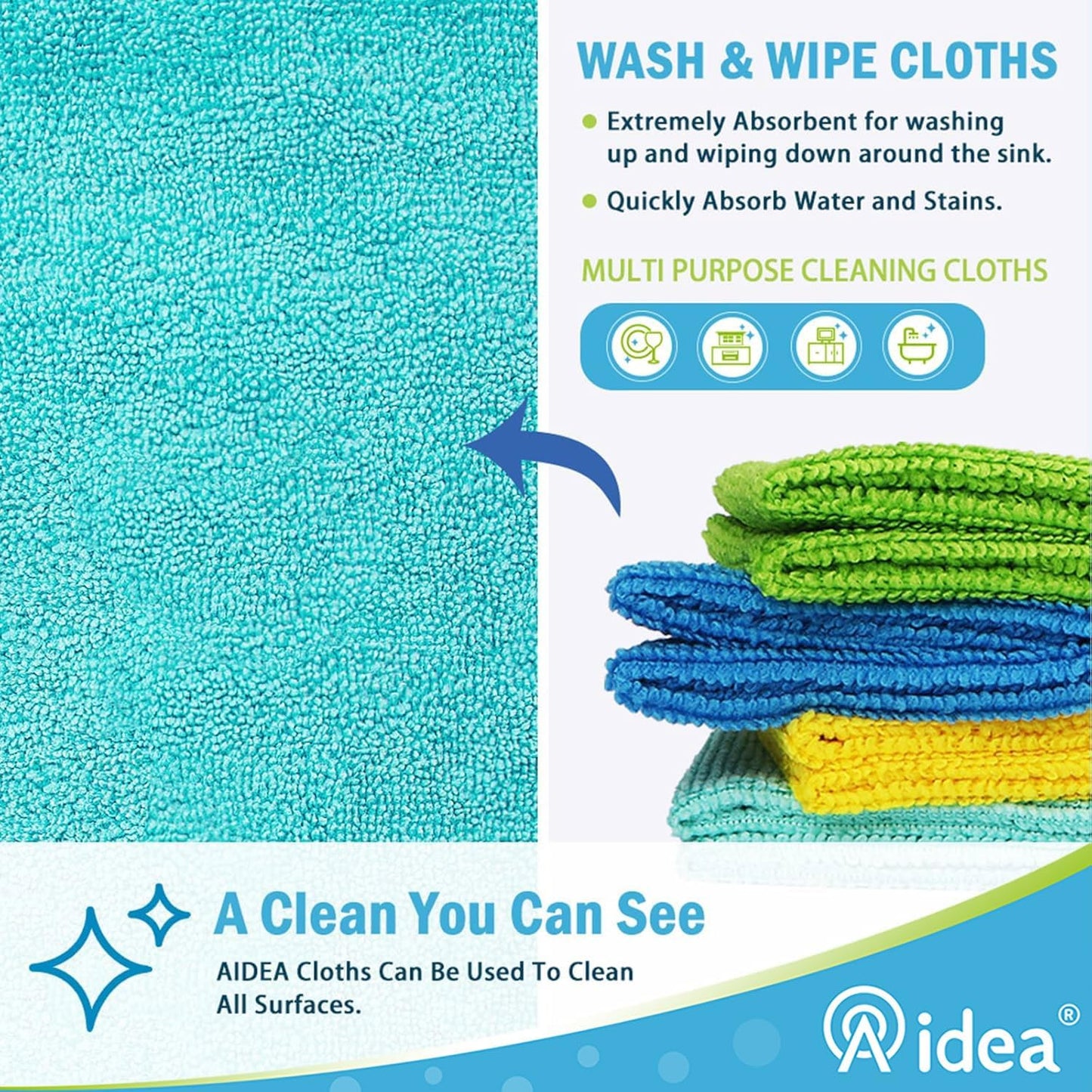 AIDEA Microfibre Cloth Pack of 12, Multifunctional Reusable Cleaning Cloths
