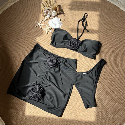 Solid-color Three-piece Rose-print Cami Swimsuit