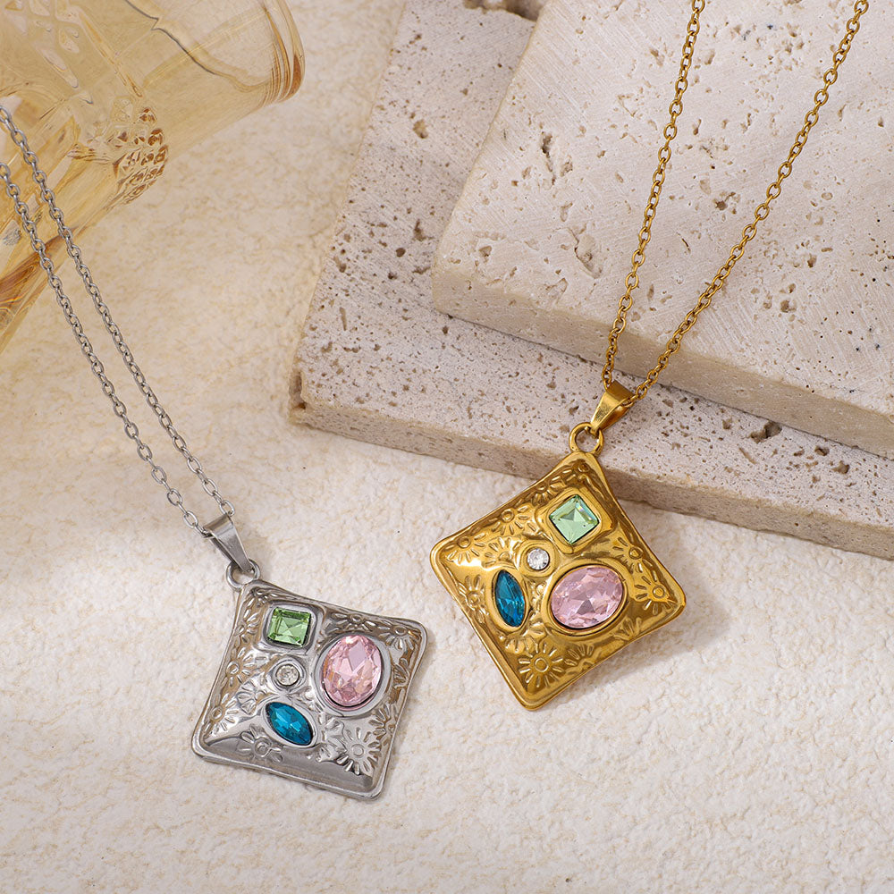 Stainless Steel Heart-shaped Square Pendant Necklace