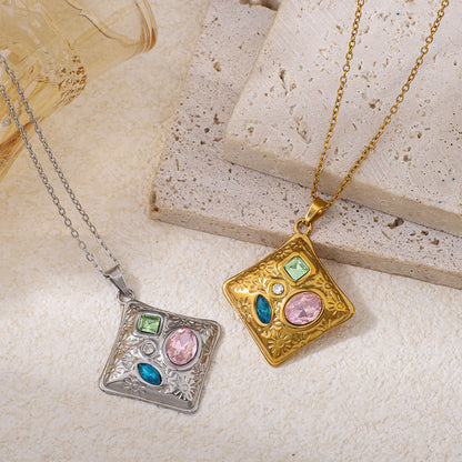 Stainless Steel Heart-shaped Square Pendant Necklace
