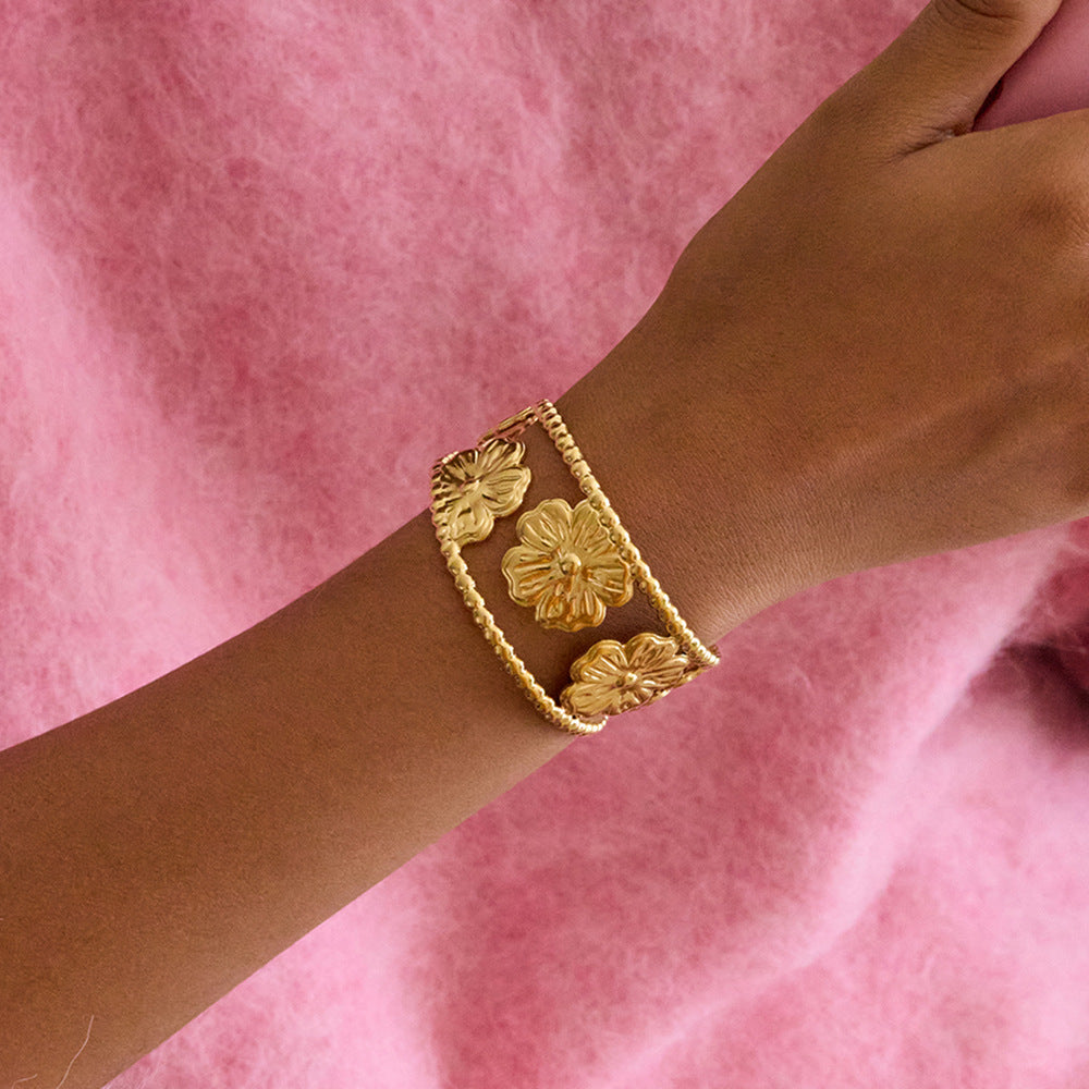 Floral Hollowed Wide-Bracelet With Adjustable Opening