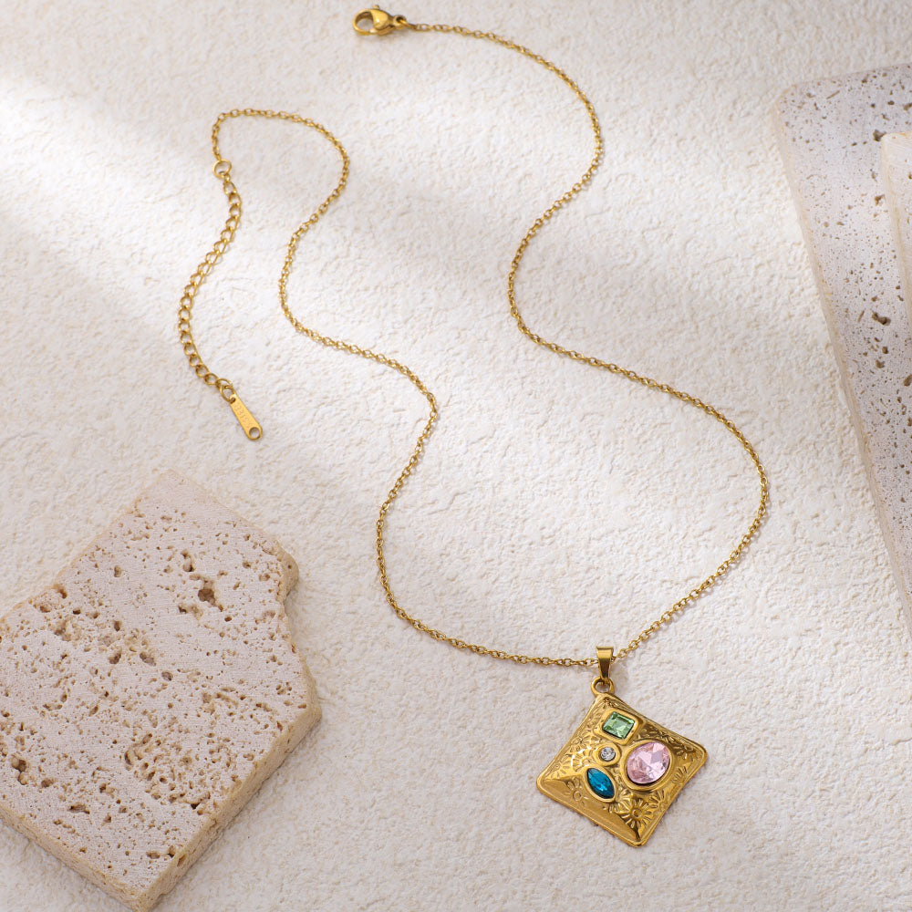 Stainless Steel Heart-shaped Square Pendant Necklace